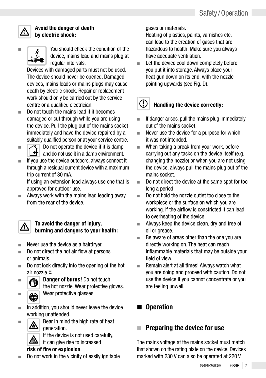 Kompernass PHLG 2000 SE manual Safety / Operation, Operation Preparing the device for use, Risk of fire or explosion 